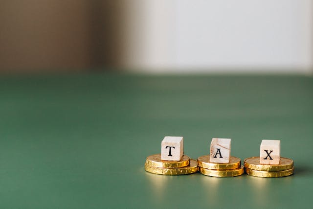the word tax is spelled on letter blocks on coins